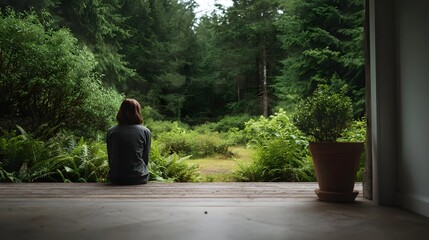 Fototapeta premium A person sits on a porch contemplating the dense and peaceful view of a lush green forest on a quiet day