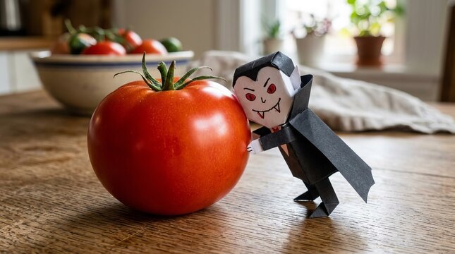 Papercraft vampire figure with fangs and a black cape playfully leans against a fresh red tomato, creating a humorous vegetarian vampire concept on a wooden kitchen table