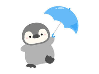 青い傘をさすペンギン、梅雨や雨の日のキャラクター、かわいい動物のベクターイラスト © GRACE