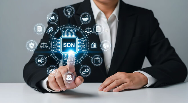 Business person touching SDN software defined networking virtual interface