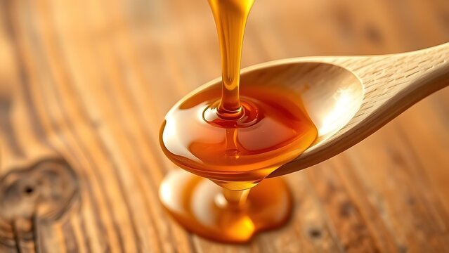 libertarianism. Golden honey dripping from a wooden spoon against a natural wood background. menu design, packaging mockups, designed for culinary blogs and recipe cards for restaurants.