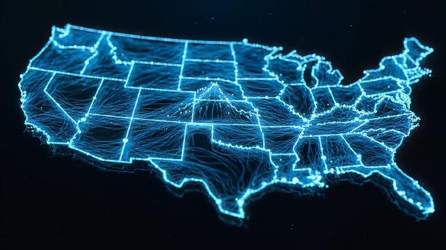 Digital Blue Glowing USA Map with Data Connection Lines and Network Nodes on Dark Background Concept