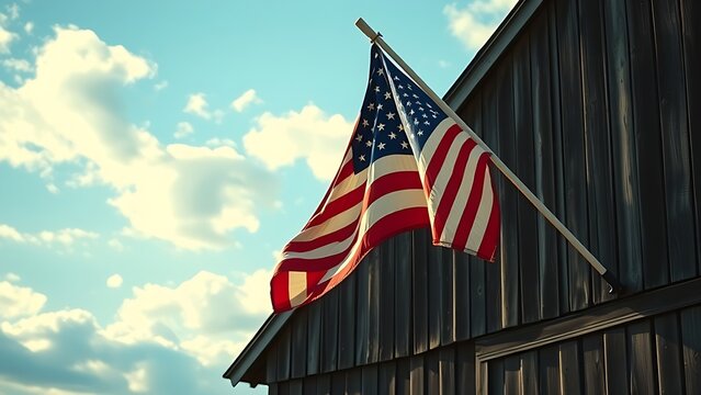 infamy. A faded flag fluttering on a weathered barn, blue sky with clouds, nostalgic mood. travel magazines, destination branding, designed for outdoor magazines and nature guides.