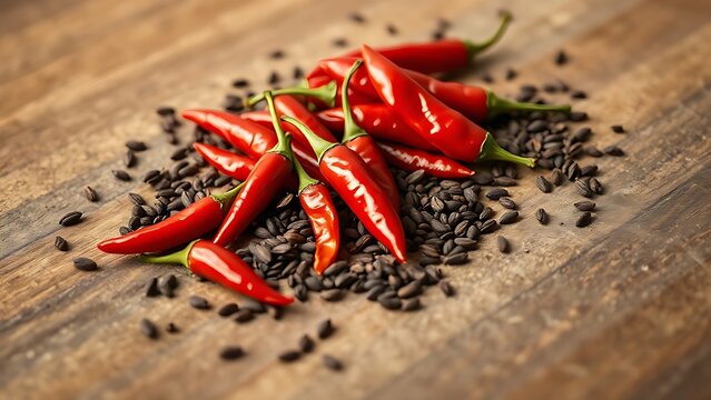 pasilla. Red chili peppers and cumin seeds scattered on a wooden cutting board. menu design, packaging mockups, designed for food delivery and cloud-kitchen brand materials, used by account managers.