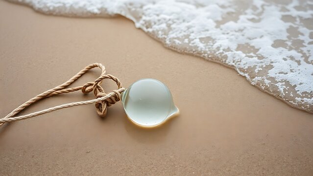 amphibole. A solitary glass fishing float half-buried in wet sand, tangled with old rope, gentle waves nearby. travel magazines, destination branding, designed for travel destination branding.