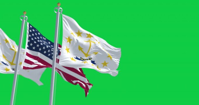 Rhode Island state flag waving with the american flag isolated on green background. Seamless 3D render animation. Chroma key. Slow motion loop. Green screen. 4K. Selective focus