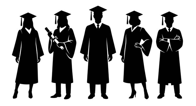 Graduation Student Silhouette Icon Set Minimalist Black Vector Illustration for Academic Achievement and Education Branding