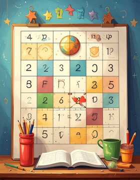 A whimsical drawing of a math game on a chalkboard, complete with numbers, shapes, and colorful accessories. The board is decorated