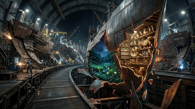 Shipyard workers build metal hulls around a surreal broken ship revealing a hidden forest with glowing fireflies and a secret room of preserved animals, industry meeting nature