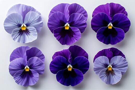 

A vibrant collage of isolated spring pansy and violet flowers featuring a colorful set of purple, yellow, and pink petals in a beautiful floral nature blossom