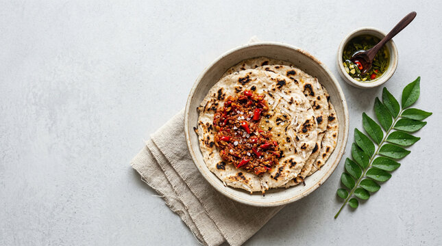 Top view of Sri Lankan coconut roti with spicy lunu miris and curry leaves