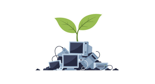 A green plant growing out of a pile of discarded old computer monitors. EPS Editable. Vector Illustrations.