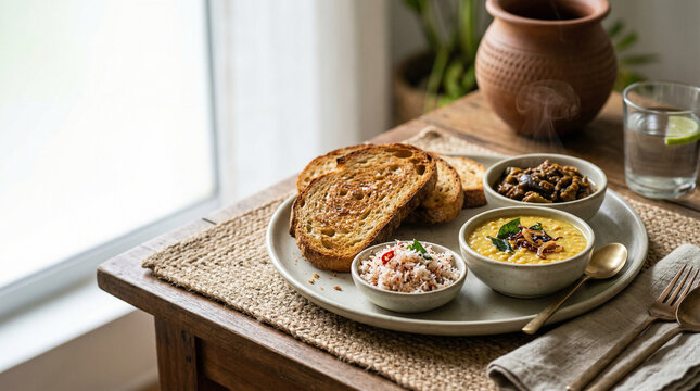 Sri Lankan breakfast with toasted bread dhal curry and coconut sambol