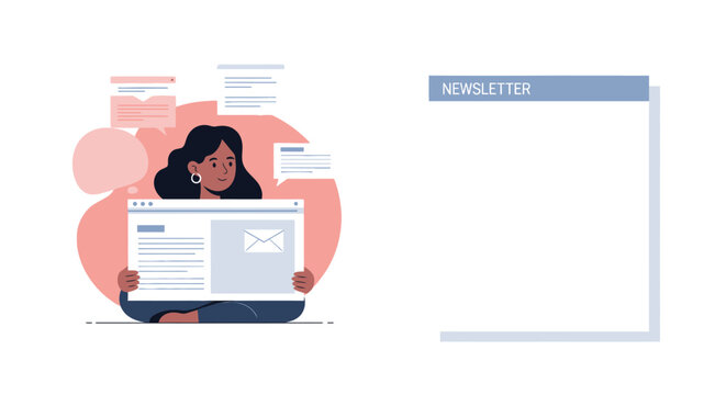 A woman working on a digital newsletter design on her computer screen. EPS Editable. Vector Illustrations.