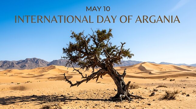 A lone tree stands in the desert on International Day of Argania, surrounded by sand dunes and mountains.