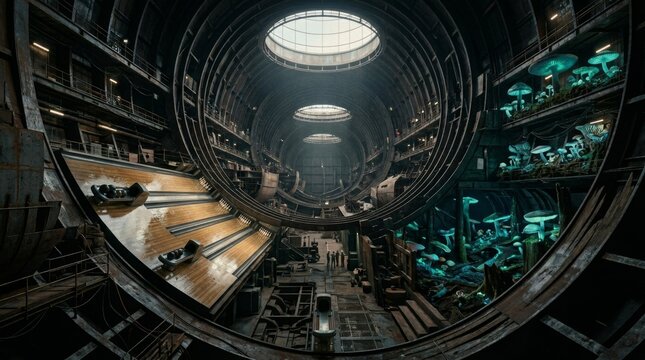 Future civilization inhabiting a vast subterranean cylindrical biodome building with glowing mushrooms thriving on terraced levels and a bowling alley providing recreation in a dystopian environment