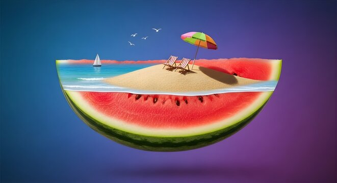 Surreal watermelon world a tropical island scene within a fruit slice
