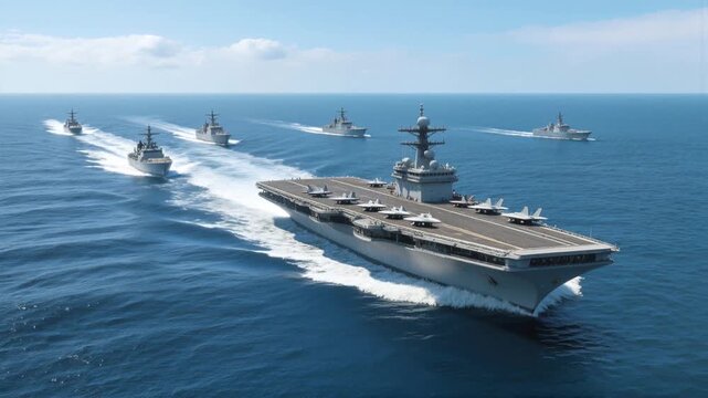 Carrier strike group navigating open ocean in formation. Panning shot of naval fleet with aircraft carrier and escort ships.