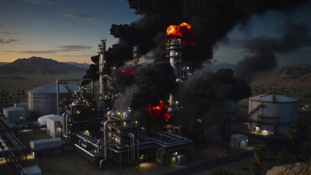 Oil refinery explosion with fireballs and black smoke at desert industrial plant. Static wide shot.