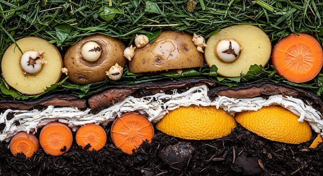 Fresh cut fruits and vegetables on grass and soil with fungus growth