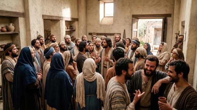 Group of disciples and woman gathering in upper room for prayer. Acts of the Apostles, biblical scene depicting early Christian community meeting. Historical religious historical reenactment.