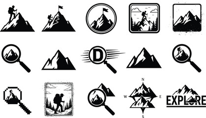 Mountain exploration icons, hiking adventure silhouettes, compass rose design, outdoor discovery symbols, summit achievement graphics, explore typography illustration, black white © MSTMISLA