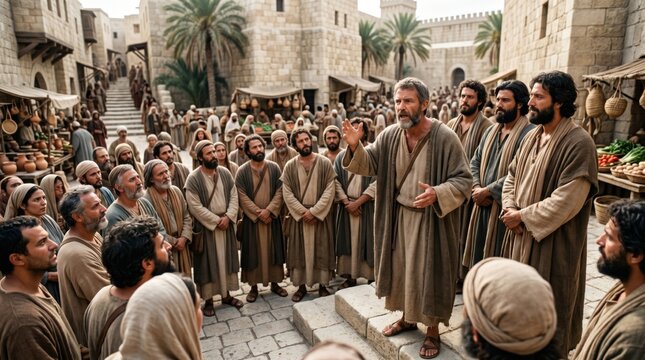Apostle preaching to crowd in ancient Jerusalem. Prophet speaking to people about faith and spirit. Biblical scene of early Christian life during Pentecost in historic Middle East city.