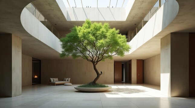 Patio interior con techos altos y un &aacute;rbol central con exuberante follaje verde
