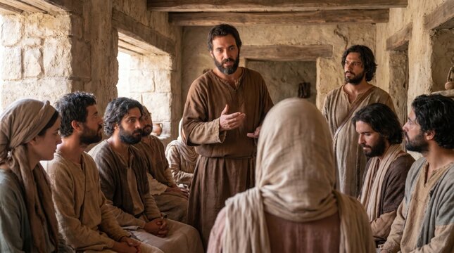 Apostles and holy woman gather for prayer in Jerusalem. Early disciples learn gospel teaching, biblical narrative of Acts. Group discussion in ancient home. Historical religious history.