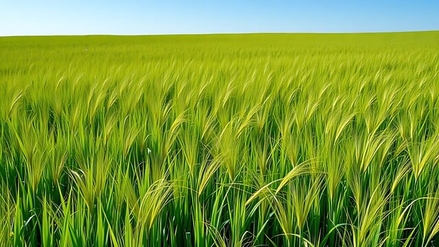 ryegrass. Vast meadow of lush perennial ryegrass waving under a clear blue sky. event programs, museum guides, designed for cultural heritage projects and event programs, supports education.