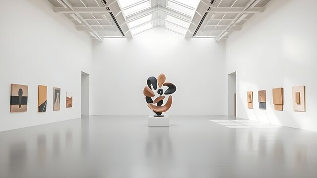 enablement. A single abstract sculpture in a minimalist modern art gallery with soft natural light. real-estate listings.