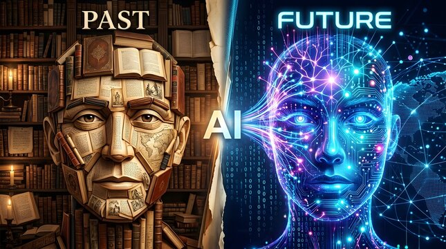 Ancient human statue representing past knowledge contrasted with futuristic AI digital face, evolution of intelligence, technological advancement, neural network visualization, innovation journey