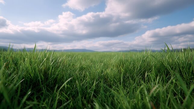 An expansive eye level view of lush green grass leading toward distant hills beneath a dramatic cloud filled blue sky