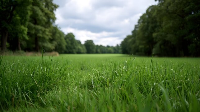 An eye level perspective of a lush vibrant green field bordered by dense woodland under a soft cloudy sky
