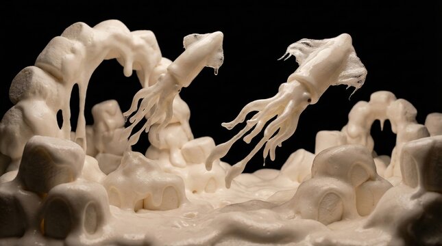 Creamy marshmallow squids with detailed tentacles are swimming above a sweet landscape made of molten and cuboid marshmallows, creating a whimsical and dreamy sugary dessert scene