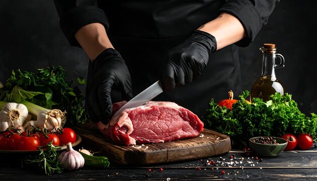 Chef prepares raw meat