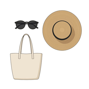 Summer vacation accessories set including straw hat tote bag and sunglasses.