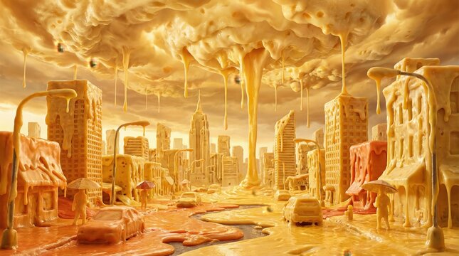 Cityscape melting into flowing molten cheese under an orange sky, gooey buildings, cars and tiny figures submerged and dissolving in a surreal, dystopian food-art climate disaster