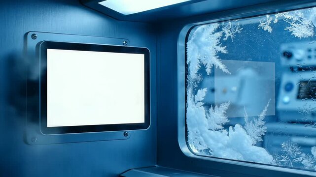 Futuristic high tech lab interior with blank digital screen and frosted window in cold environment