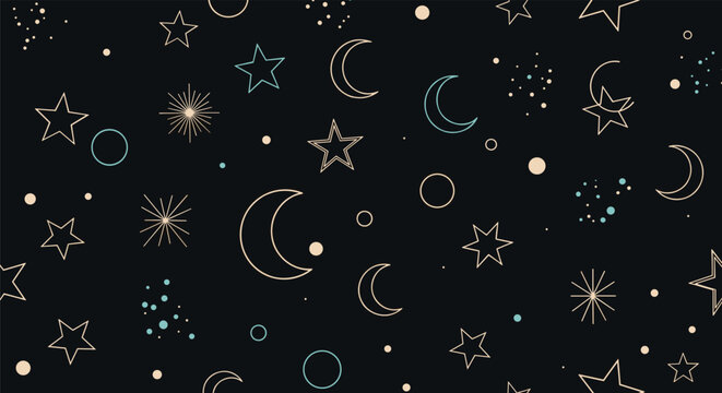 Seamless pattern featuring a mystical night sky filled with golden crescent moons and glowing stars on a dark background.