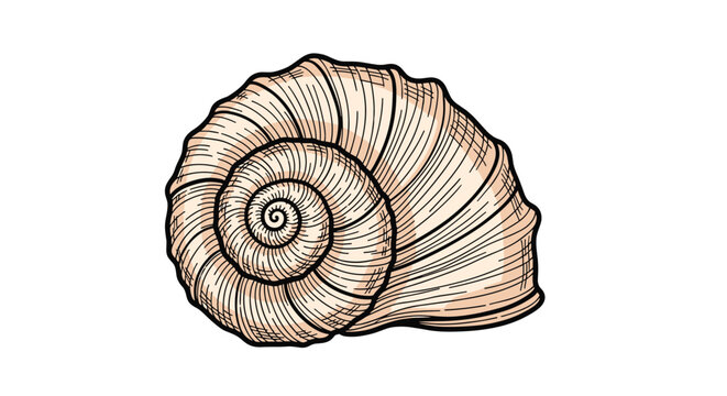 Detailed hand drawn illustration of a spiraling seashell with intricate lines and organic textures in earthy tones.