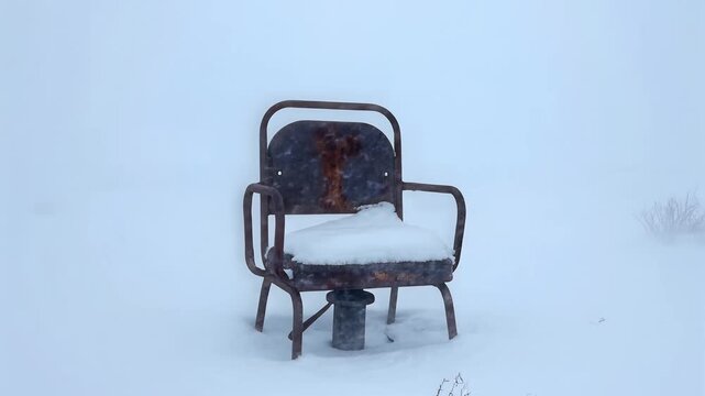 Abandoned Rusty Metal Chair Covered in Thick Snow in a Cold Winter Field with Foggy Background