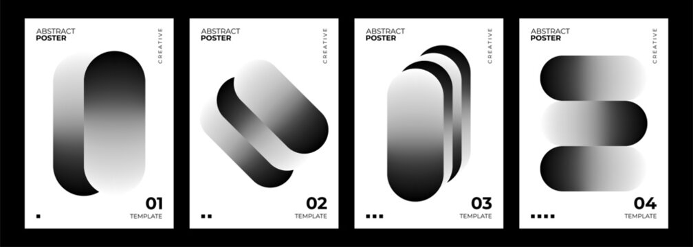Set of abstract posters. Black and white gradient geometric shapes. Creative graphic designs. Vector illustration.