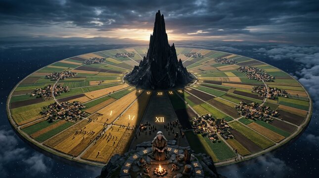 Floating sundial world depicting passing time with roman numerals forming field divisions, a central mountain acting as a gnomon, and a contemplative figure symbolizing the measurement of eternity