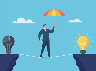 Businessman walking a tightrope with an umbrella from a broken idea to a bright new solution, representing business risk and innovation, Transitioning from Failure to Success © Red X and Co