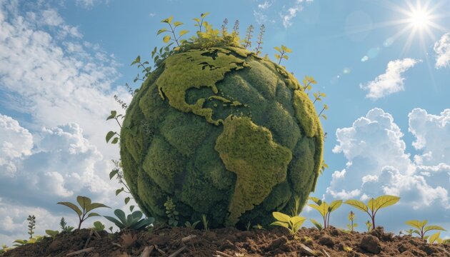 A large green and gray globe on a rocky surface