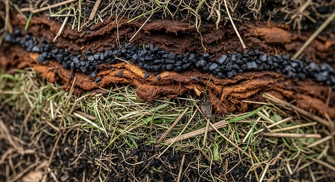 Closeup of soil layers with grass and organic matter decomposition