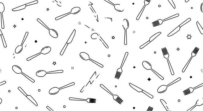 Scattered cutlery seamless pattern organic spoon fork knife vector background for cafe design