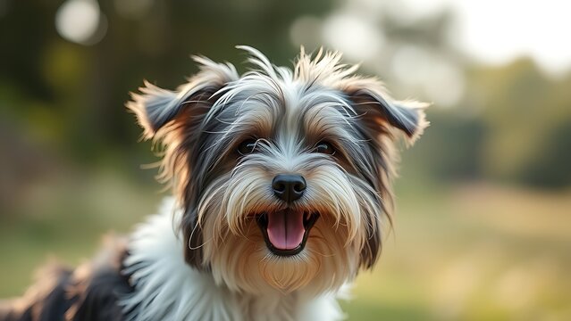 tibetan. A Tibetan terrier with a joyful expression, enjoying a gentle breeze in a natural outdoor setting. wildlife magazines, conservation campaigns, designed for wildlife conservation campaigns.
