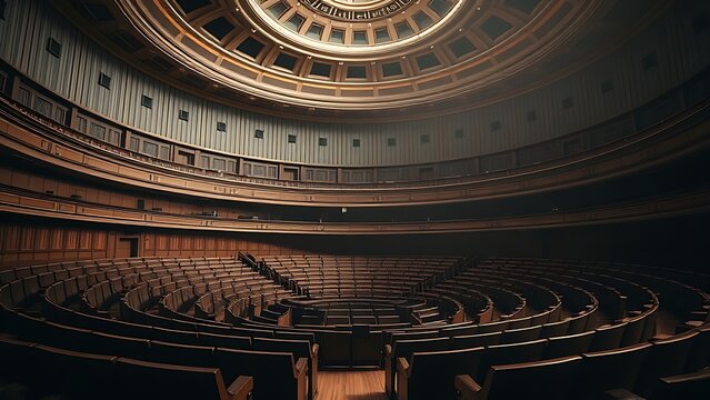 albite. An empty classical circular hall with curved rows of dark wooden seats under a dome. real-estate listings.